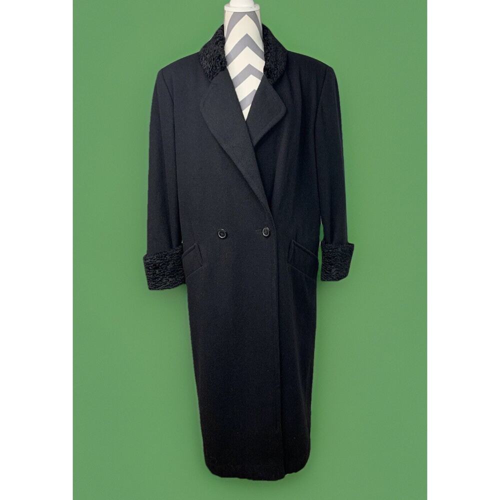 Fitz-Wright Women’s 14 Black Wool Blend Long Overcoat w/ Faux Fur Collar